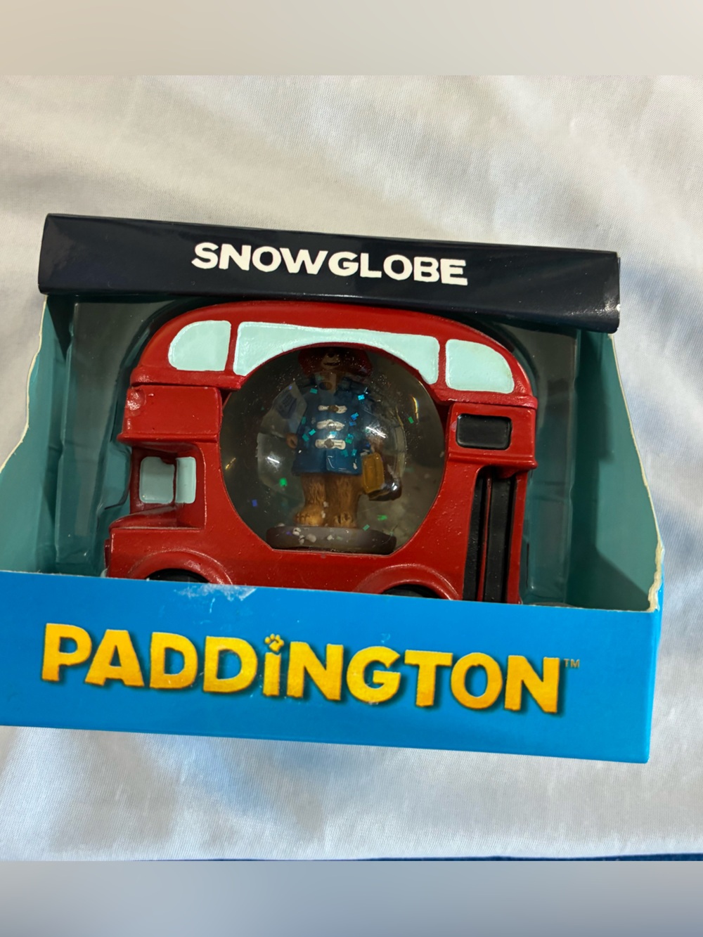 NIB Paddington Bear Snow Globe Encased In Red Double Decker Bus